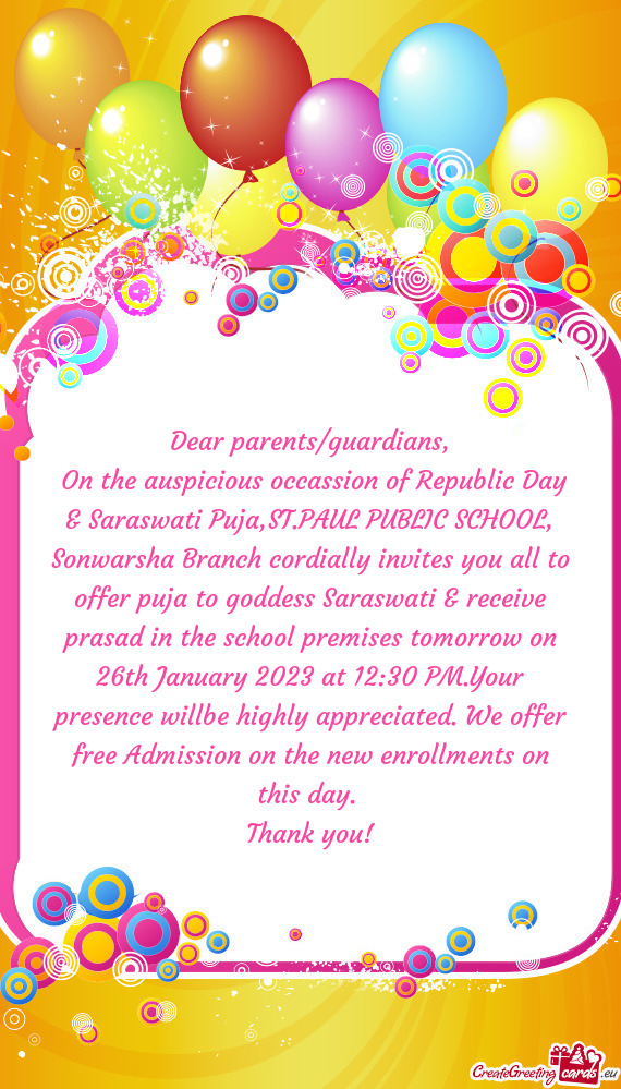 On the auspicious occassion of Republic Day & Saraswati Puja,ST.PAUL PUBLIC SCHOOL, Sonwarsha Branc