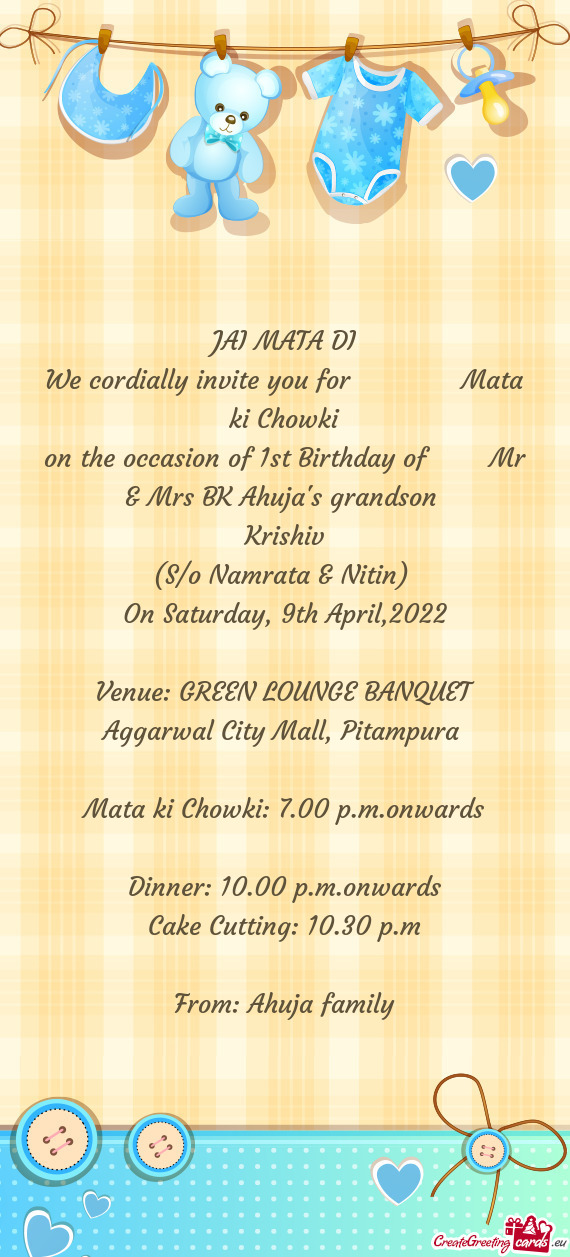 On the occasion of 1st Birthday of  Mr & Mrs BK Ahuja