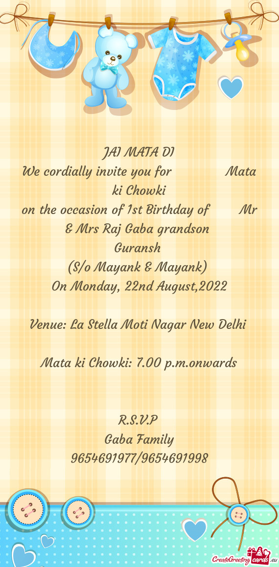 On the occasion of 1st Birthday of  Mr & Mrs Raj Gaba grandson