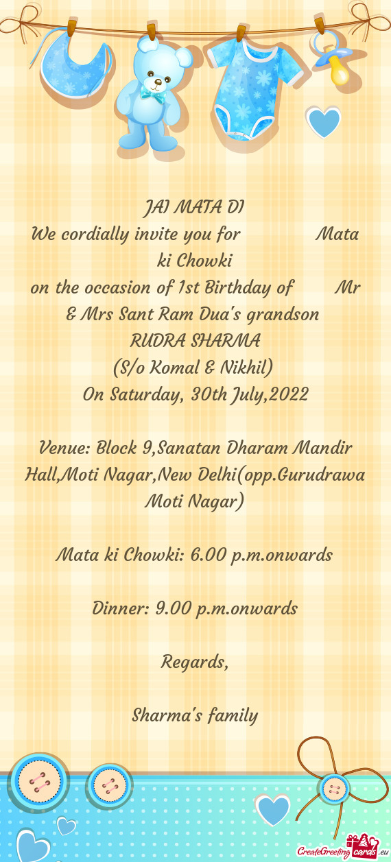 On the occasion of 1st Birthday of  Mr & Mrs Sant Ram Dua