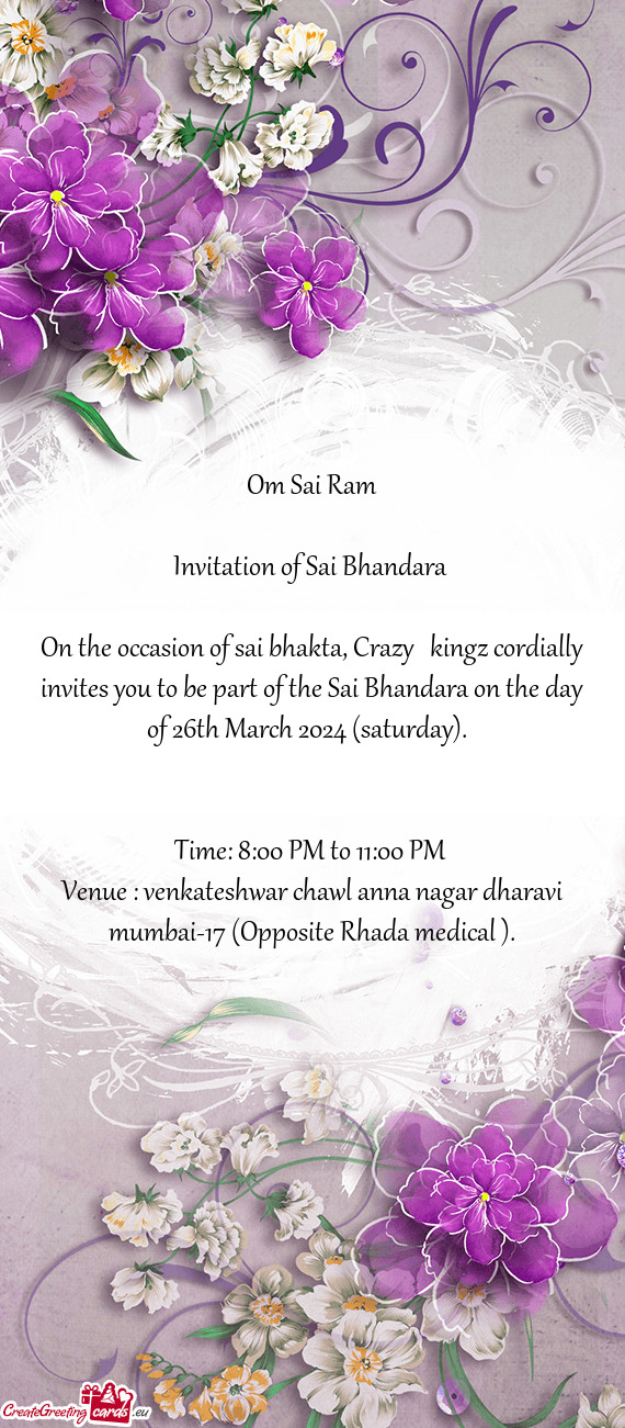 On the occasion of sai bhakta, Crazy kingz cordially invites you to be part of the Sai Bhandara on