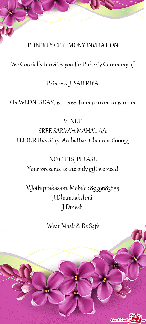 On WEDNESDAY, 12-1-2022 from 10.0 am to 12.0 pm