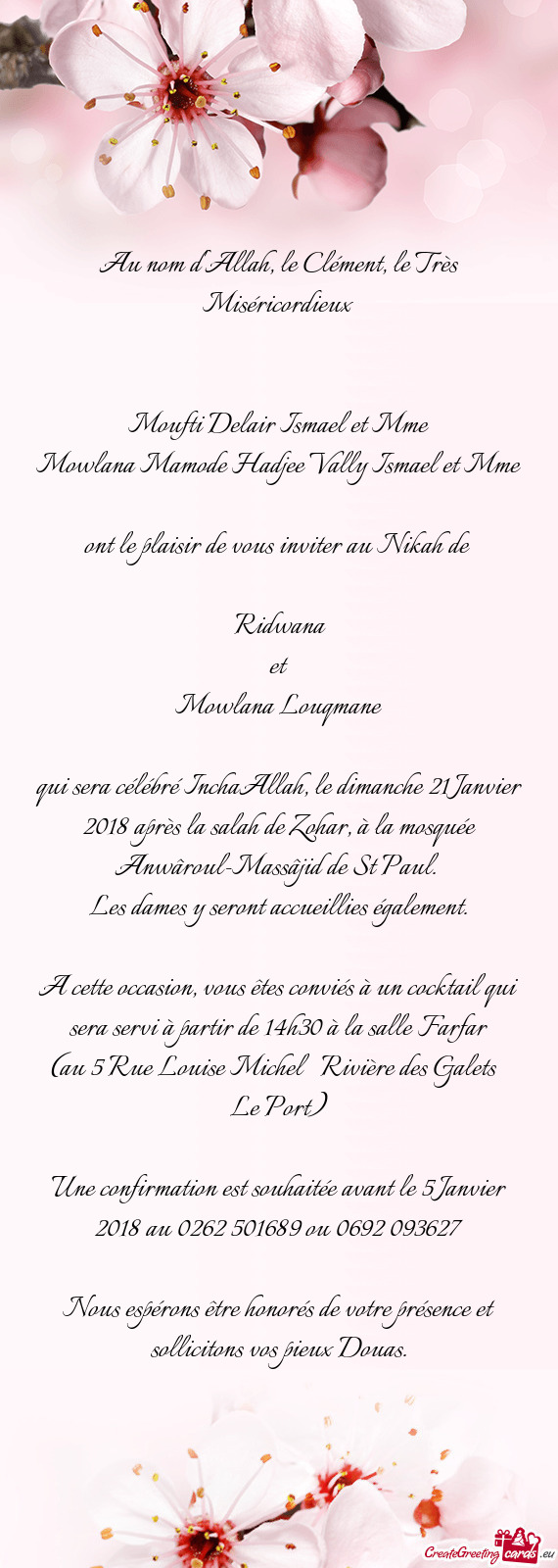 Ont le plaisir de vous inviter au Nikah de