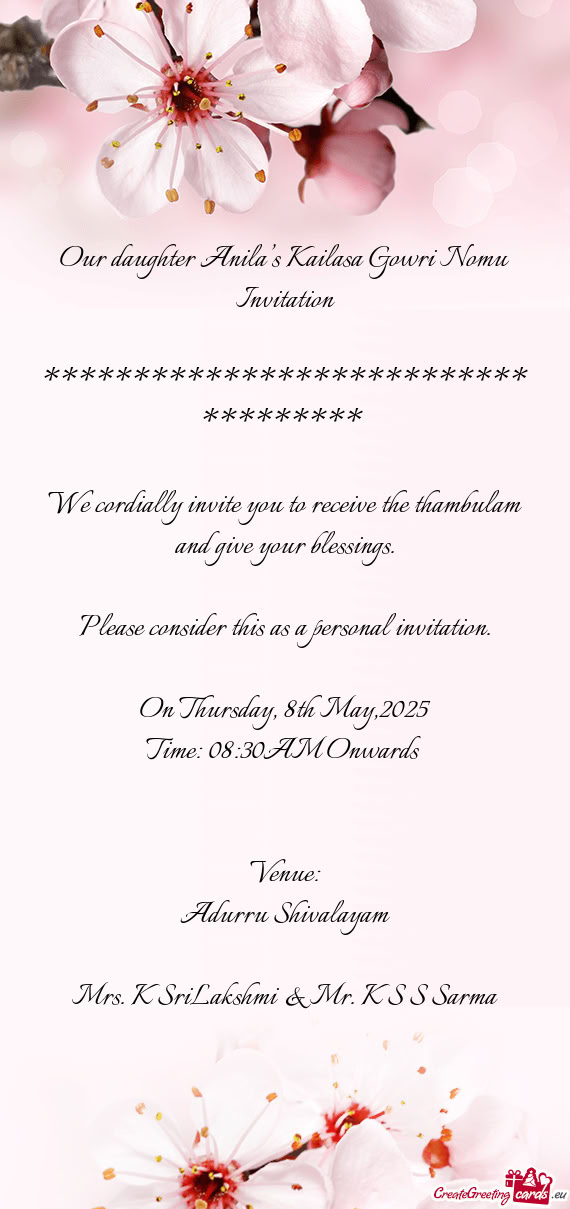 Our daughter Anila’s Kailasa Gowri Nomu Invitation