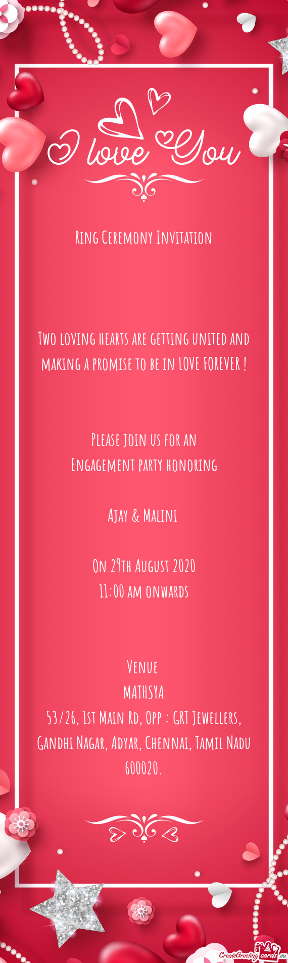 OVE FOREVER !  Please join us for an Engagement party honoring Ajay & Malini  On 29th Aug