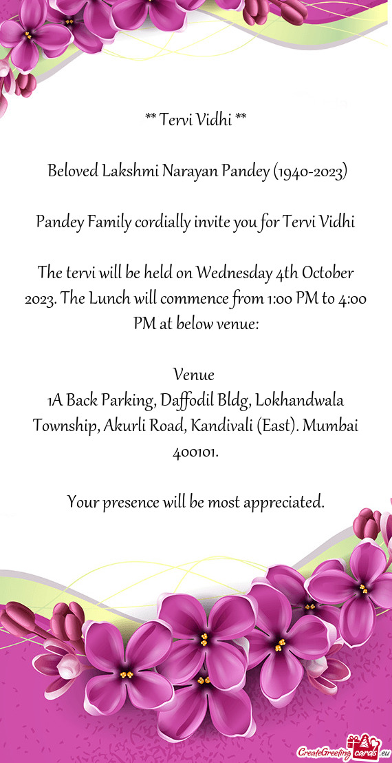 Pandey Family cordially invite you for Tervi Vidhi