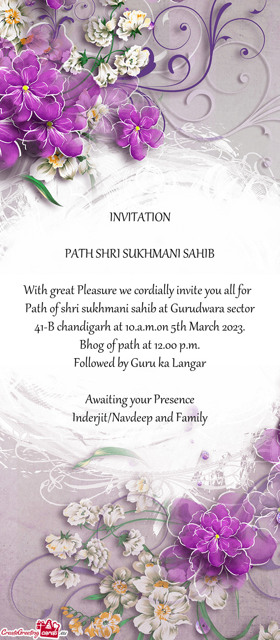 Path of shri sukhmani sahib at Gurudwara sector 41-B chandigarh at 10.a.m.on 5th March 2023