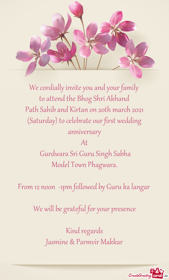 Path Sahib and Kirtan on 20th march 2021 (Saturday) to celebrate our first wedding anniversary