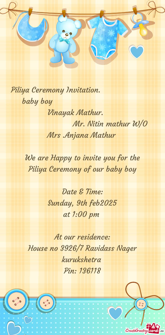 Piliya Ceremony Invitation.        baby boy