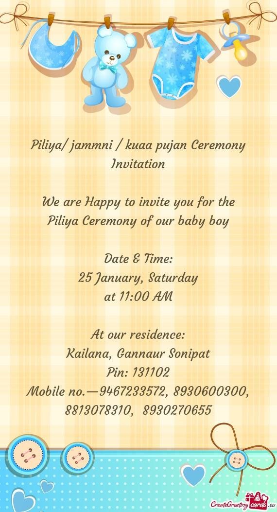 Piliya/ jammni / kuaa pujan Ceremony Invitation
