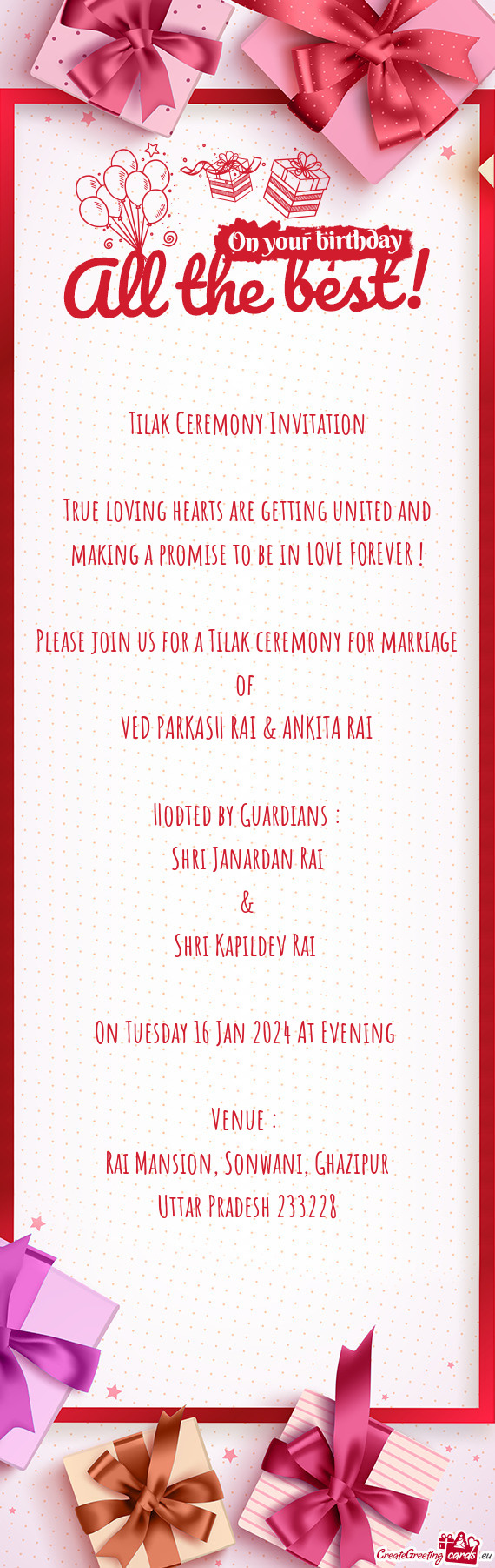 Please join us for a Tilak ceremony for marriage of