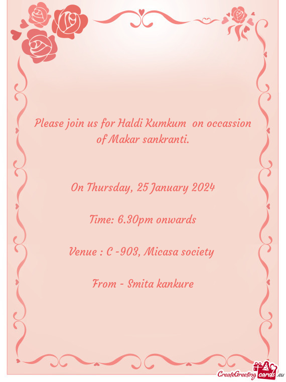 Please join us for Haldi Kumkum on occassion of Makar sankranti