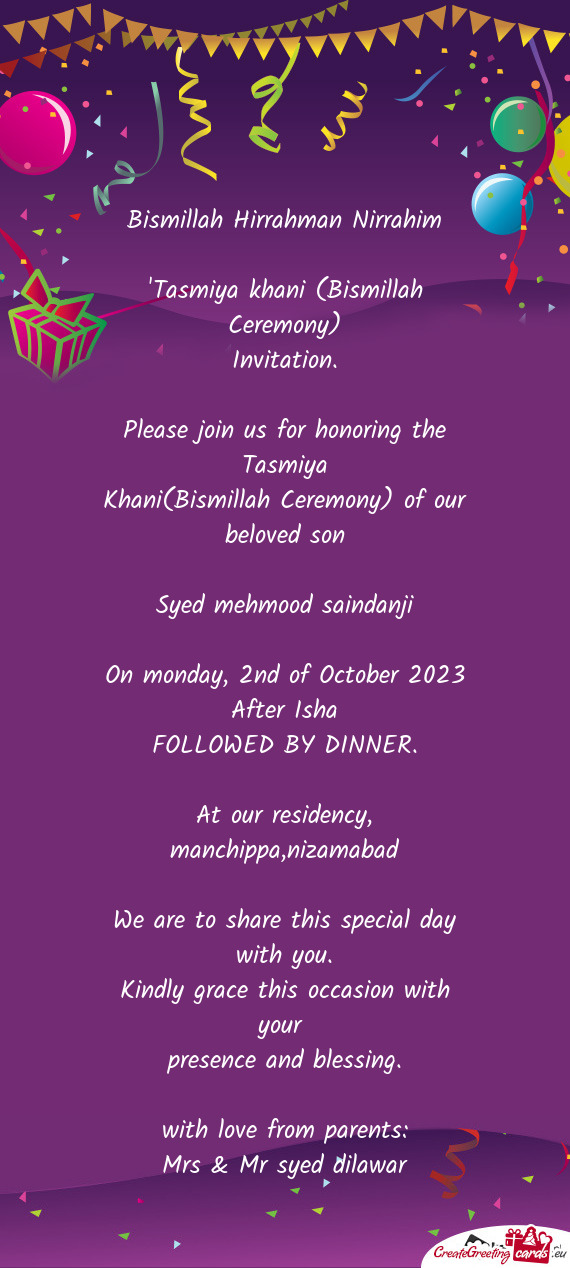 Please join us for honoring the Tasmiya