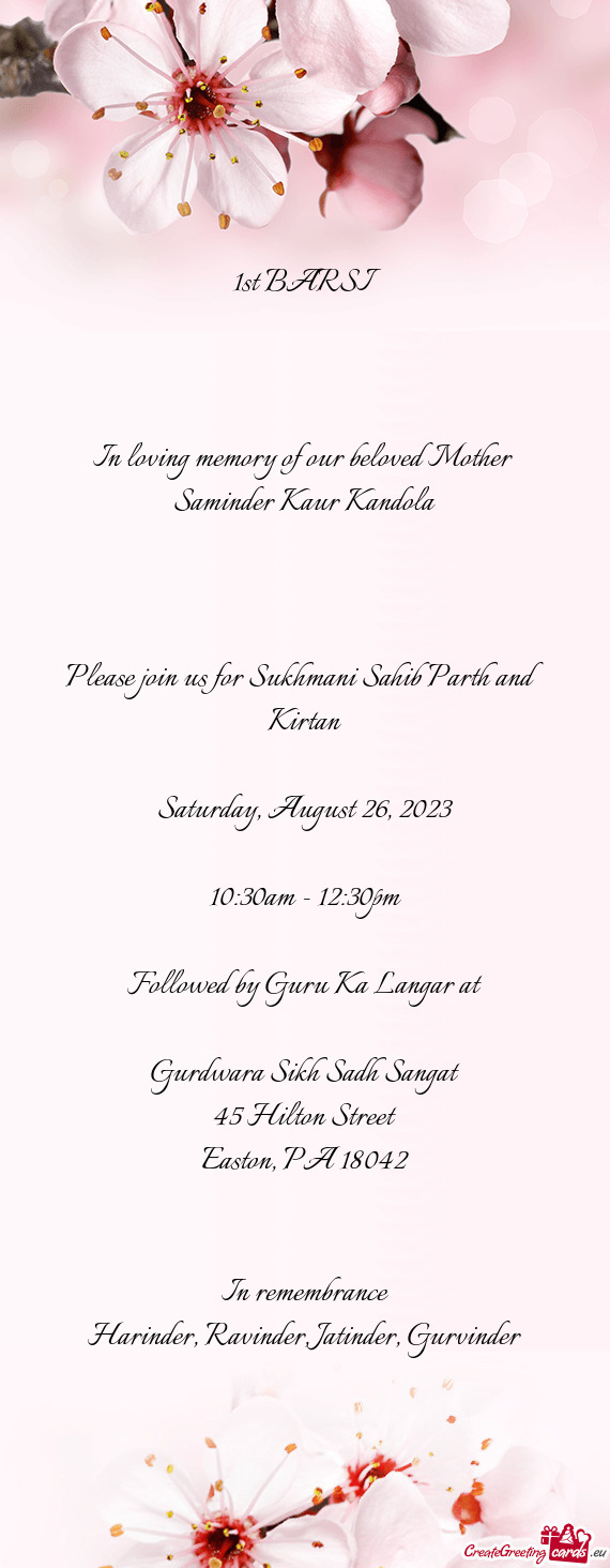 Please join us for Sukhmani Sahib Parth and Kirtan