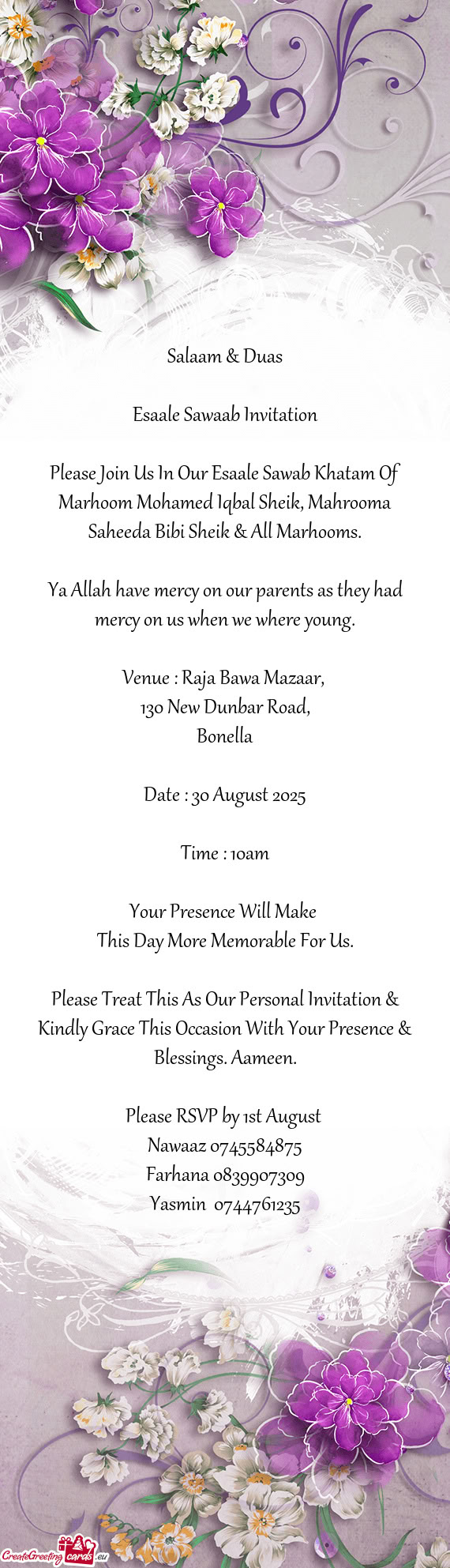 Please Join Us In Our Esaale Sawab Khatam Of Marhoom Mohamed Iqbal Sheik, Mahrooma Saheeda Bibi Shei