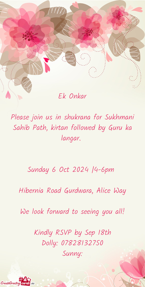 Please join us in shukrana for Sukhmani Sahib Path, kirtan followed by Guru ka langar