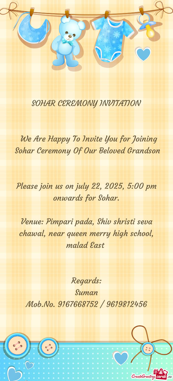 Please join us on july 22, 2025, 5:00 pm onwards for Sohar
