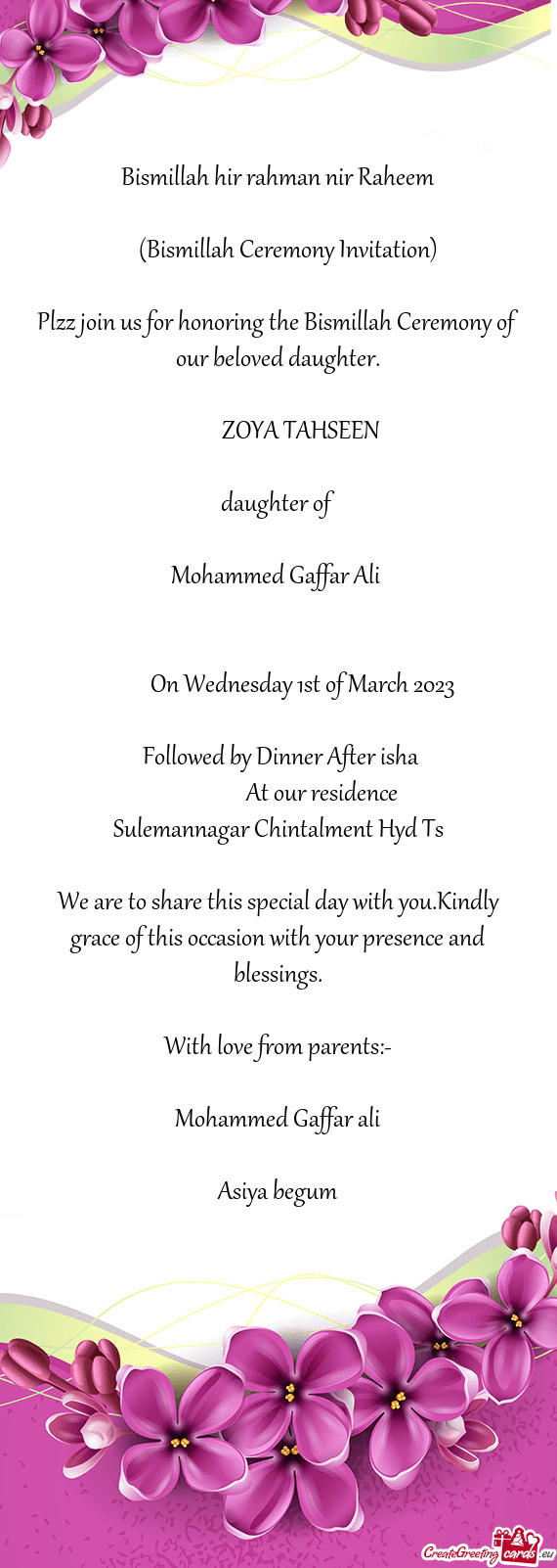 Plzz join us for honoring the Bismillah Ceremony of our beloved daughter