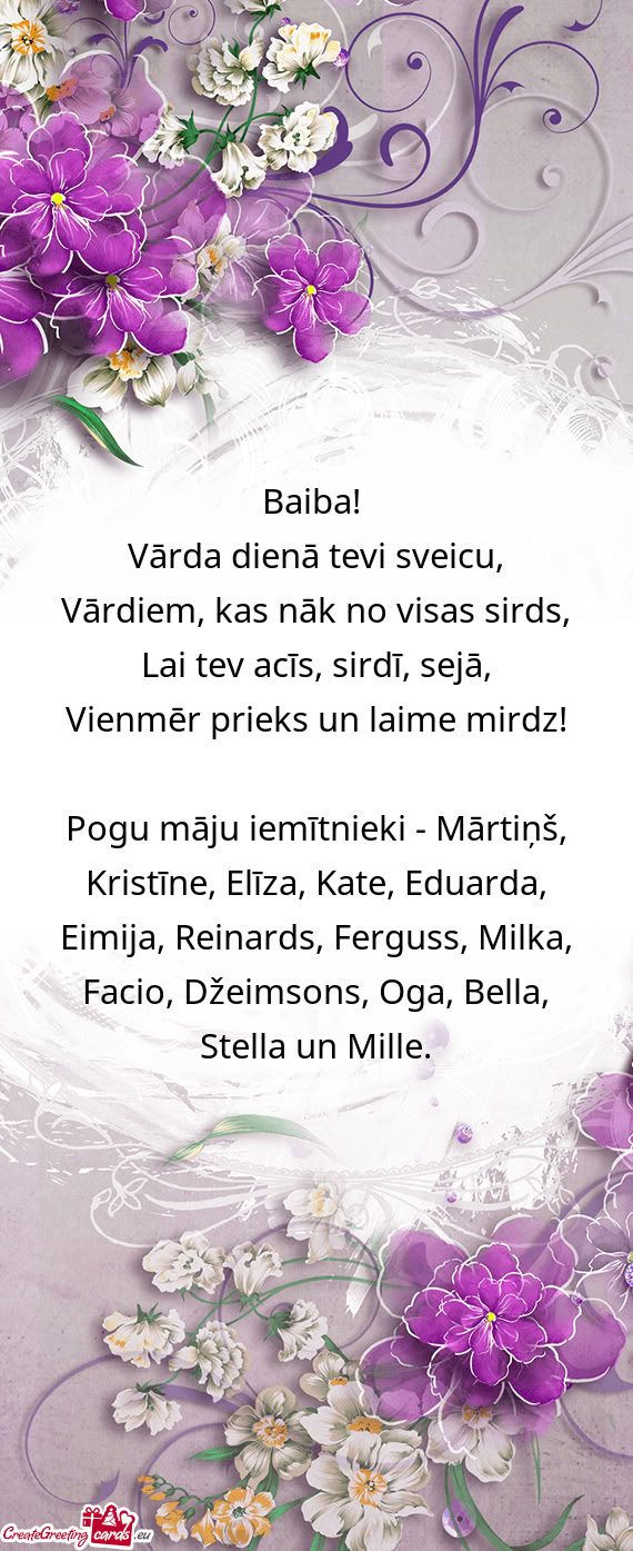 Pogu māju iemītnieki - Mārtiņš, Kristīne, Elīza, Kate, Eduarda, Eimija, Reinards, Ferguss, Mi