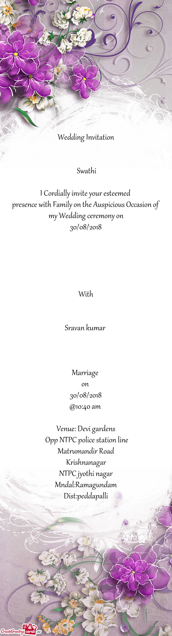 Presence with Family on the Auspicious Occasion of my Wedding ceremony on