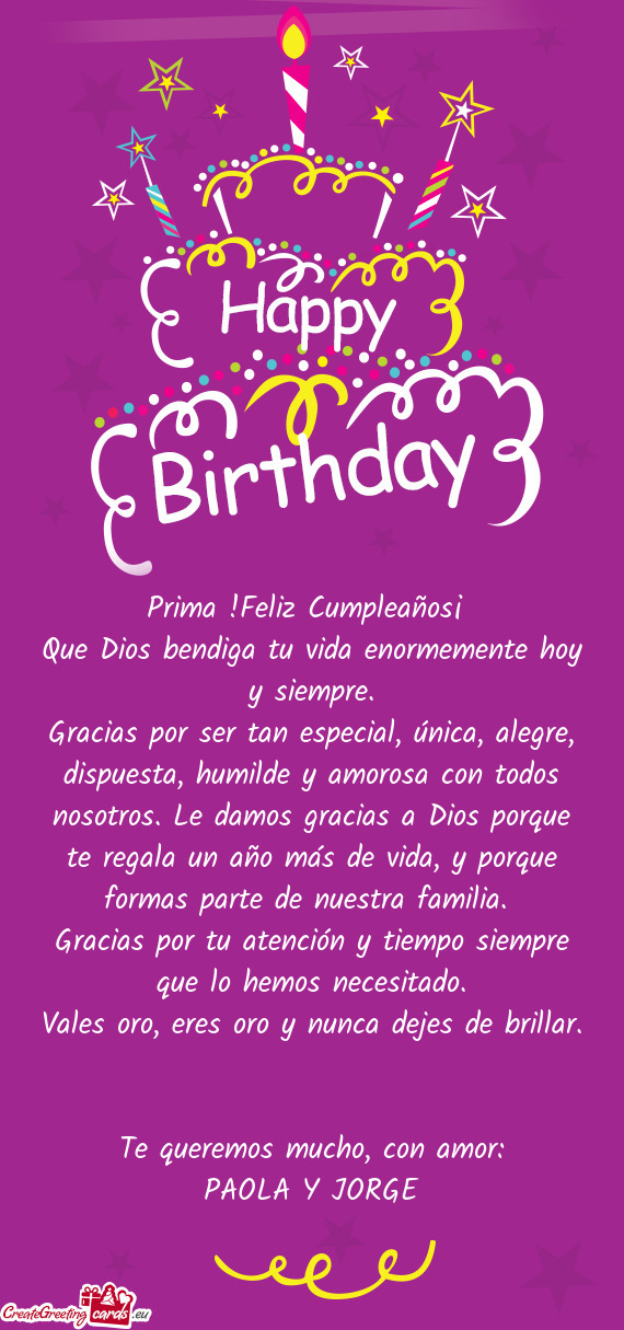 Prima !Feliz Cumpleaños¡