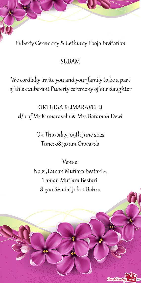 Puberty Ceremony & Lethumy Pooja Invitation