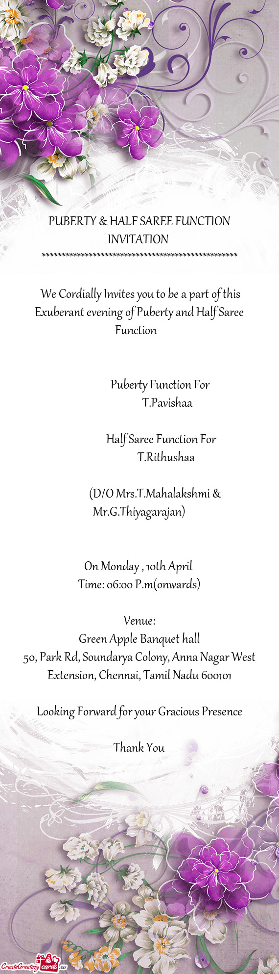 PUBERTY & HALF SAREE FUNCTION INVITATION