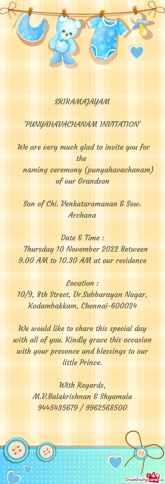 "PUNYAHAVACHANAM INVITATION"