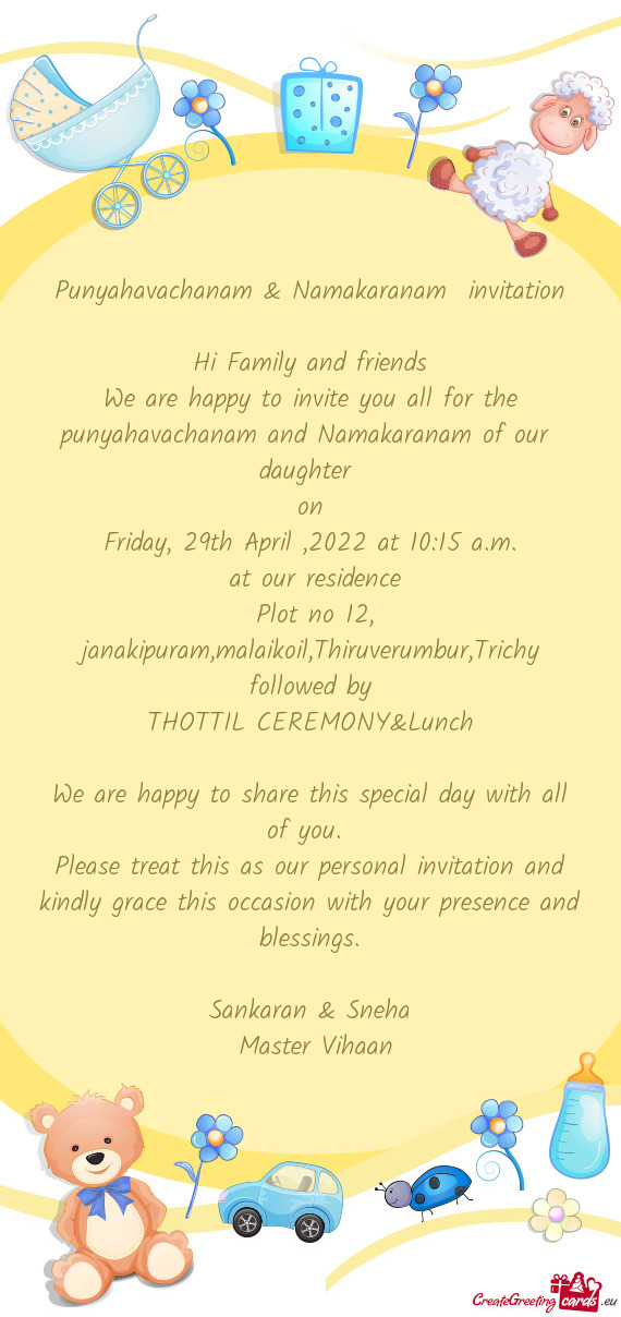 Punyahavachanam & Namakaranam invitation