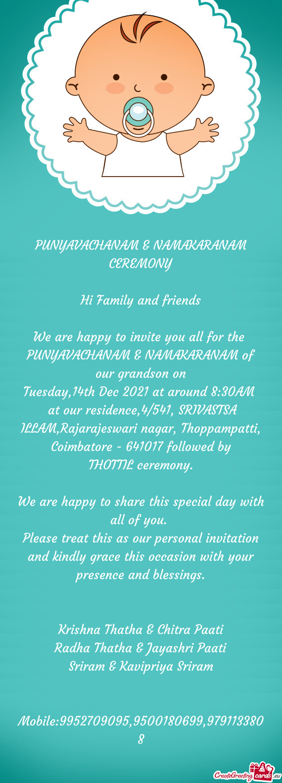 PUNYAVACHANAM & NAMAKARANAM of our grandson on