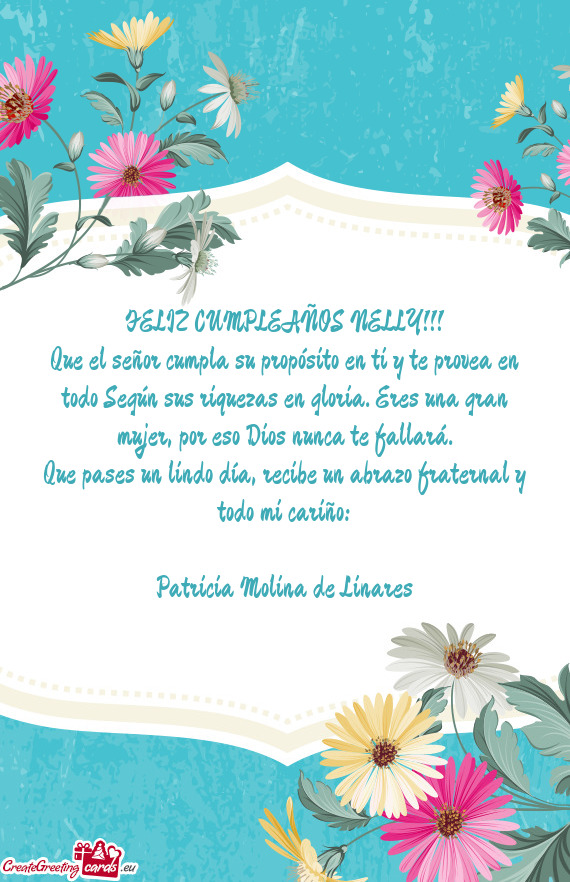 Que el señor cumpla su propósito en ti y te provea en todo Según sus riquezas en gloria. Eres una