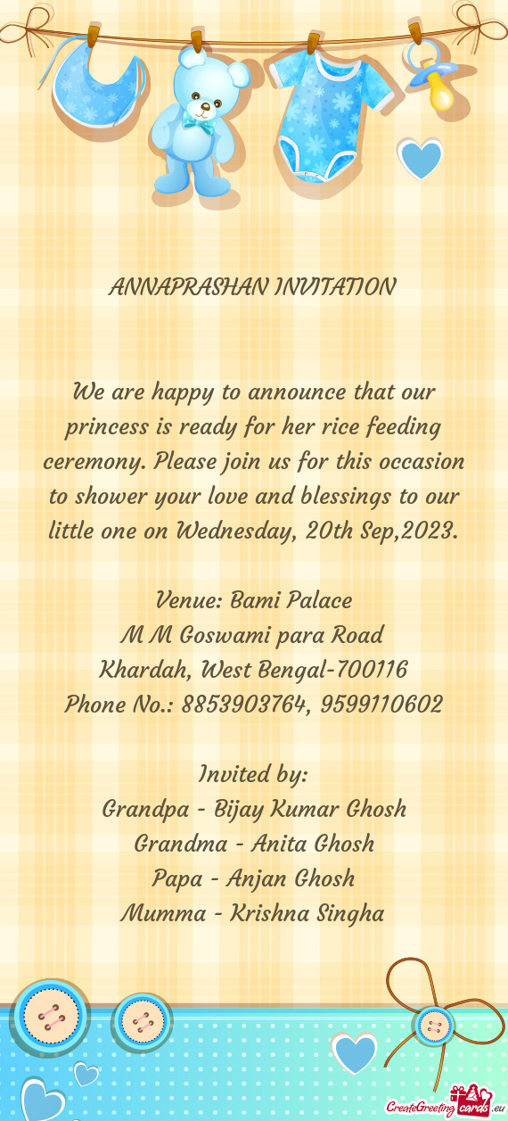 R this occasion to shower your love and blessings to our little one on Wednesday, 20th Sep,2023