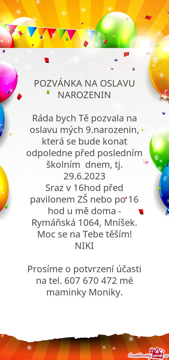 Ráda bych Tě pozvala na oslavu mých 9.narozenin, která se bude konat odpoledne před posledním