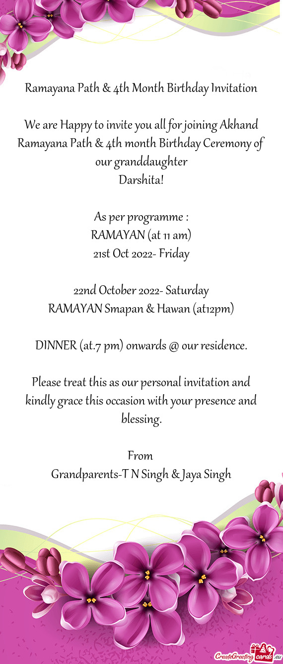 Ramayana Path & 4th Month Birthday Invitation