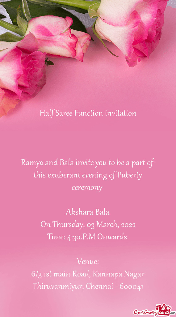 Ramya and Bala invite you to be a part of this exuberant evening of Puberty ceremony