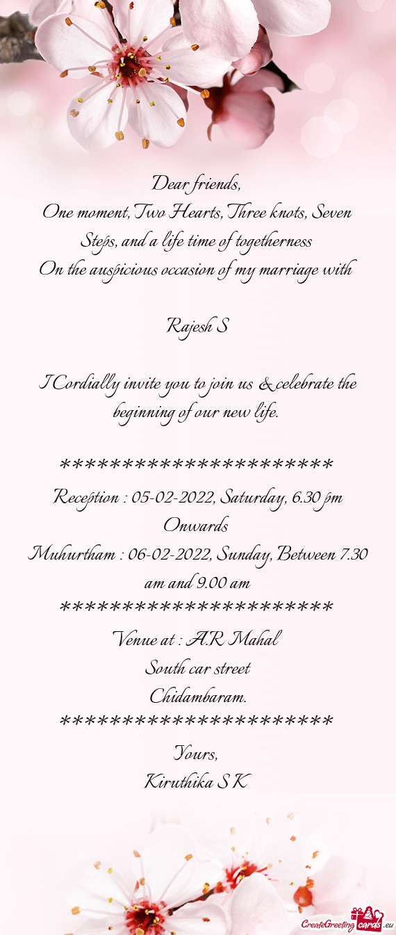 Reception : 05-02-2022, Saturday, 6.30 pm Onwards