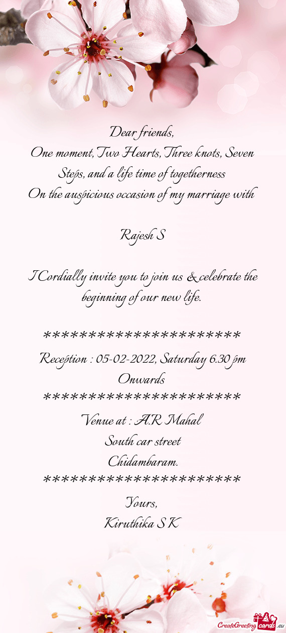 Reception : 05-02-2022, Saturday 6.30 pm Onwards