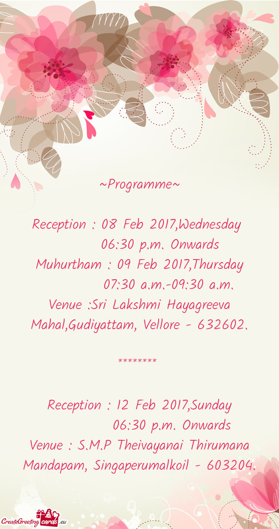 Reception : 08 Feb 2017,Wednesday