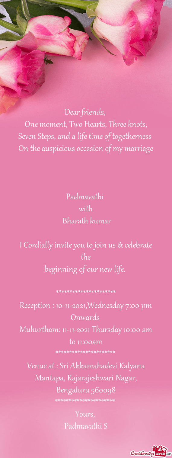 Reception : 10-11-2021,Wednesday 7:00 pm Onwards