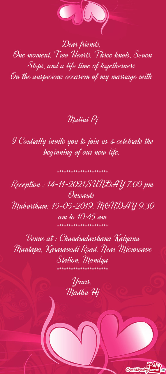 Reception : 14-11-2021,SUNDAY 7:00 pm Onwards