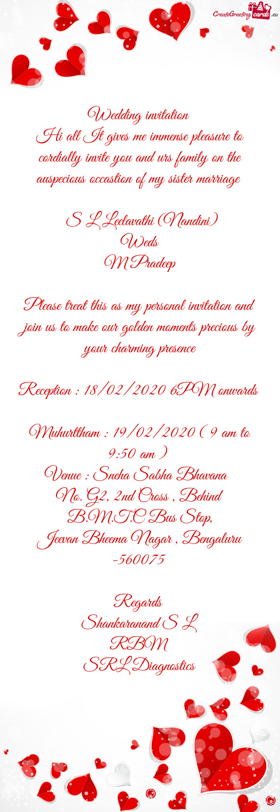 Reception : 18/02/2020 6PM onwards