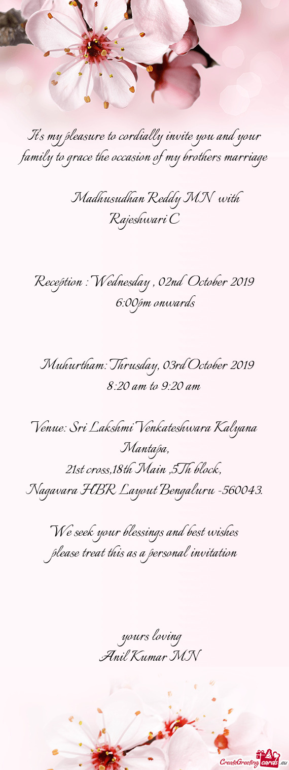 Reception : Wednesday , 02nd October 2019