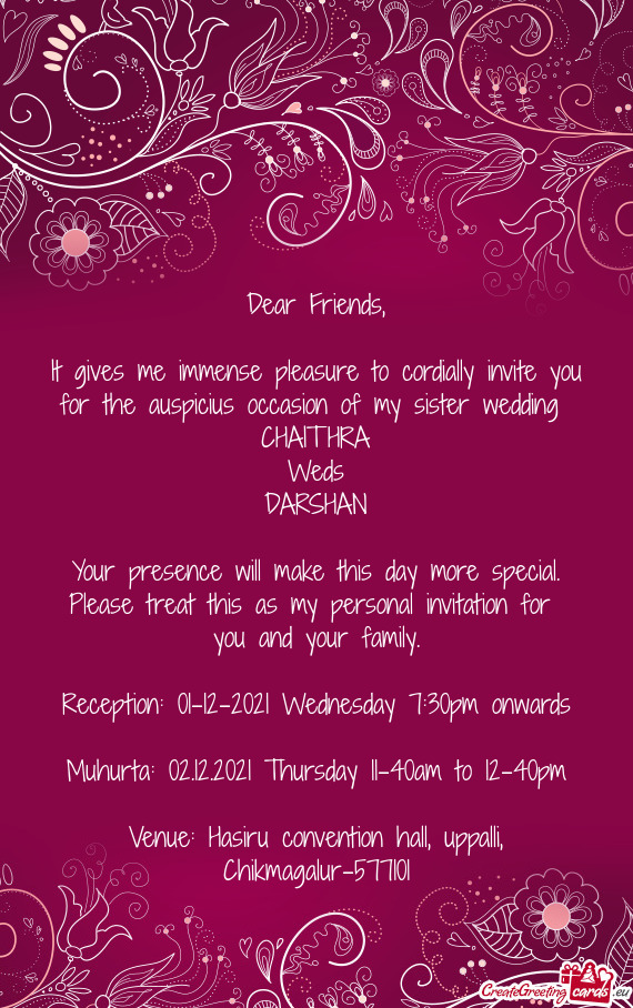 Reception: 01-12-2021 Wednesday 7:30pm onwards