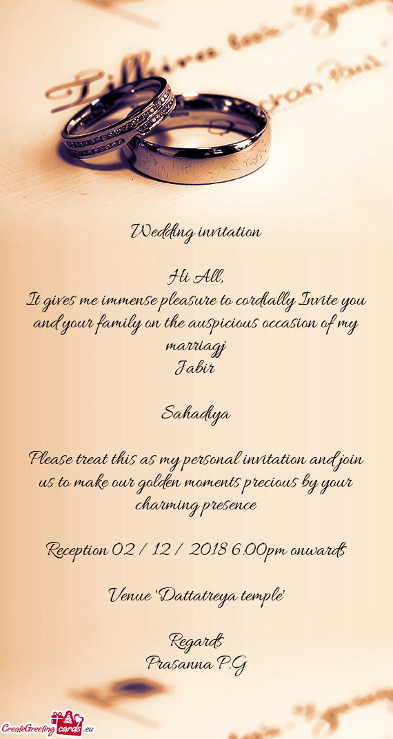 Reception 02 / 12 / 2018 6:00pm onwards