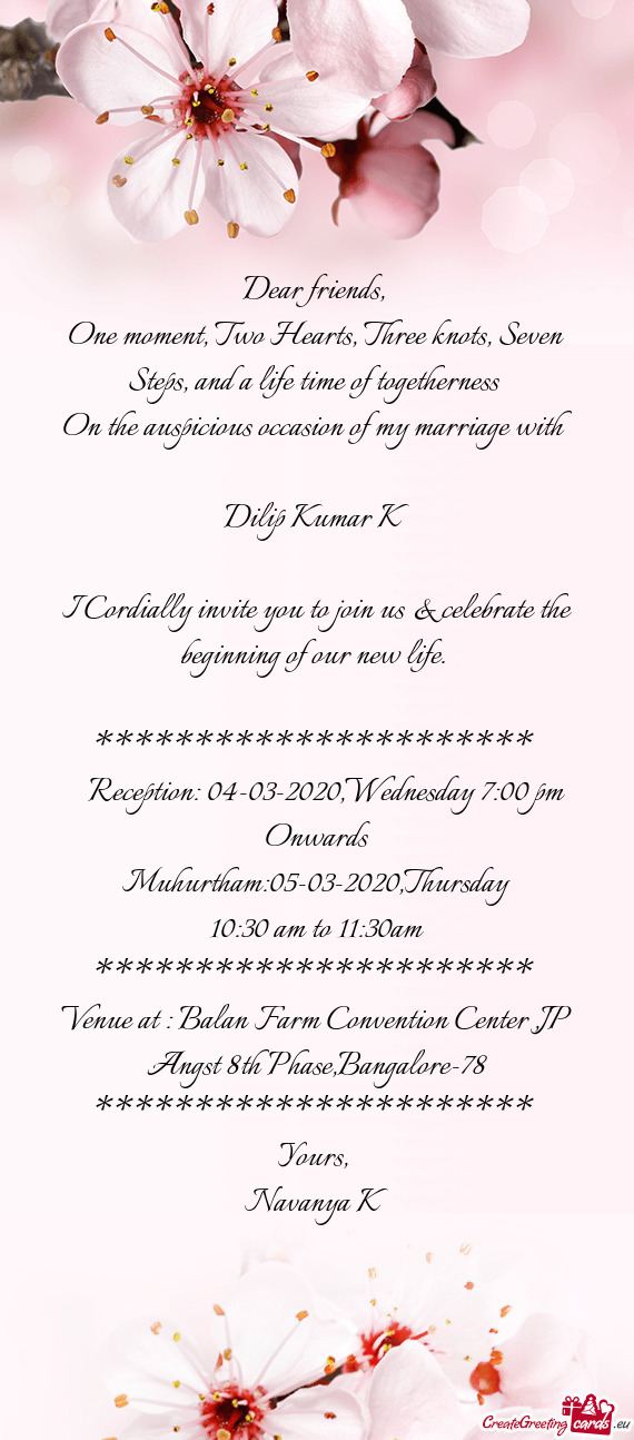 Reception: 04-03-2020,Wednesday 7:00 pm Onwards