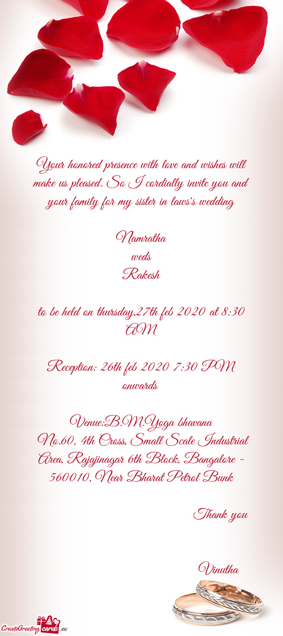 Reception: 26th feb 2020 7:30 PM onwards