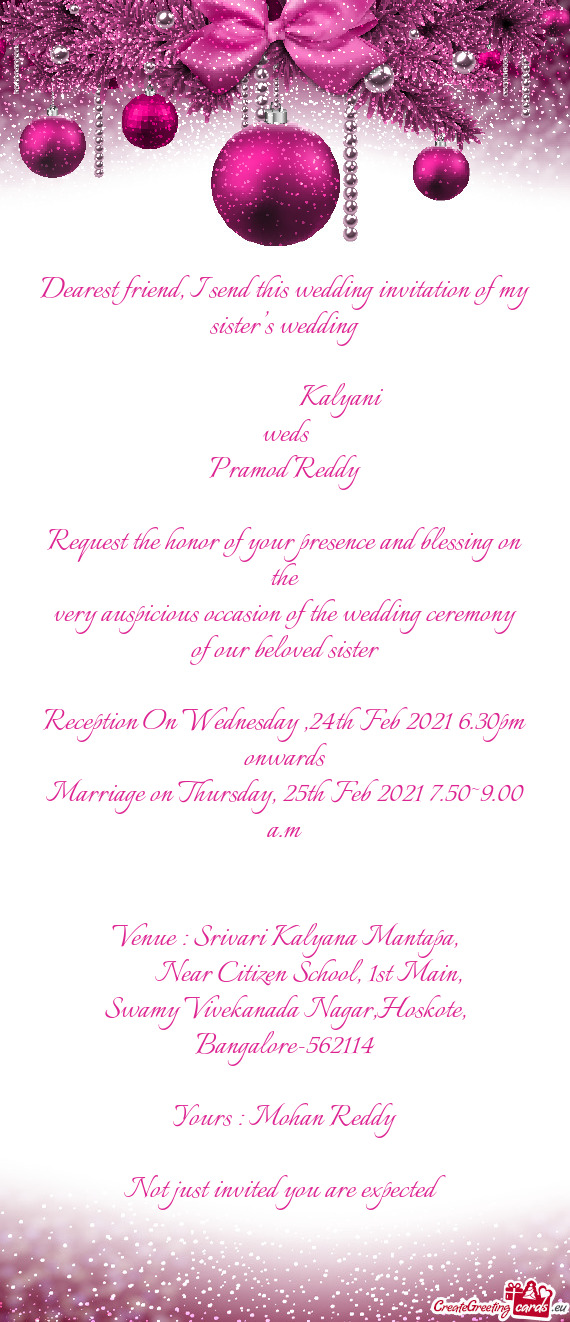 Reception On Wednesday ,24th Feb 2021 6.30pm onwards