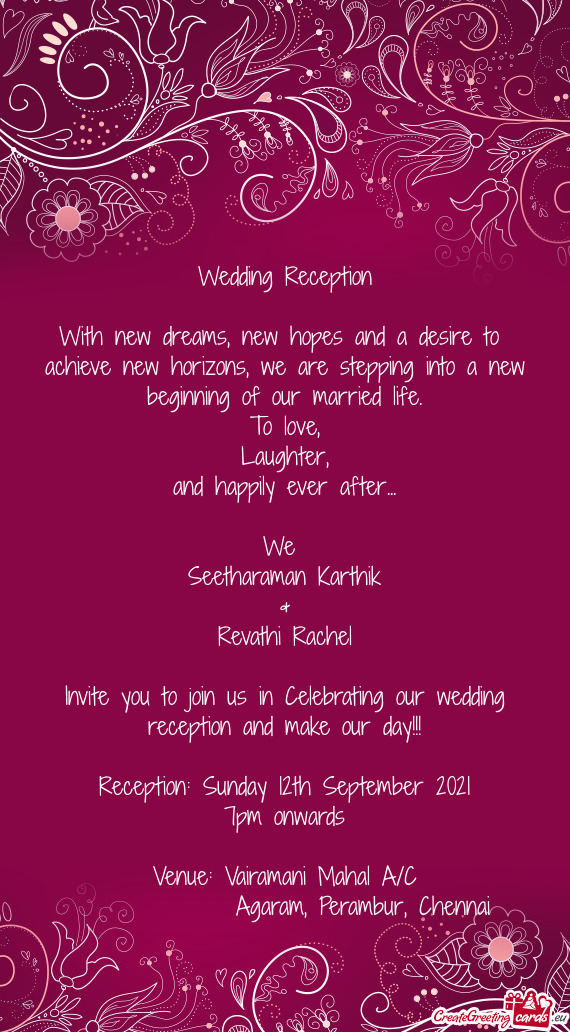 Reception: Sunday 12th September 2021