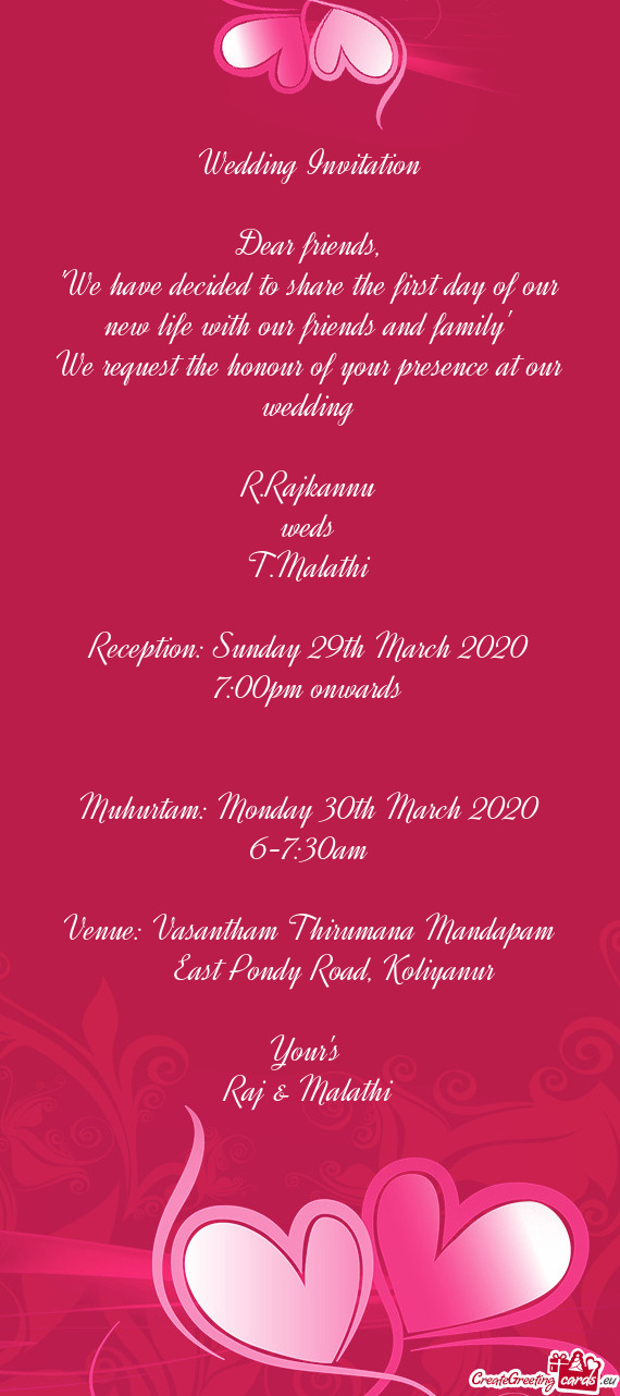 Reception: Sunday 29th March 2020