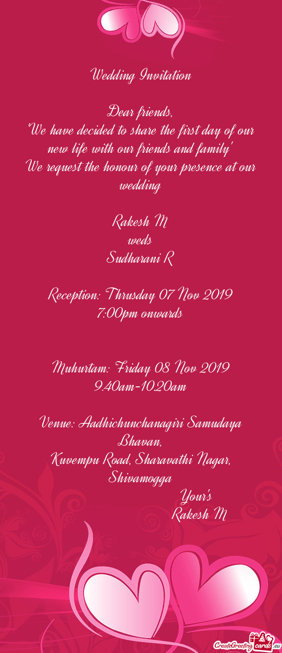 Reception: Thrusday 07 Nov 2019